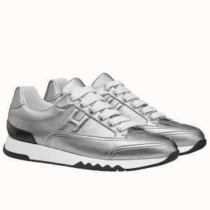 Hermes Trail Sneakers In Silver Metallic Nappa Leather