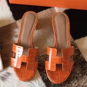 Hermes Oasis Sandals In Orange Shiny Niloticus Crocodile