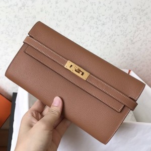 Hermes Kelly Classic Long Wallet In Brown Epsom Leather