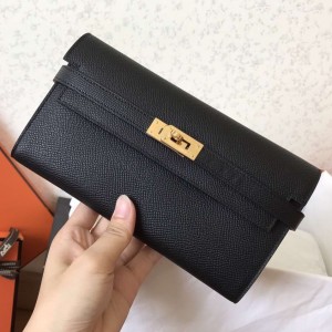 Hermes Kelly Classic Long Wallet In Black Epsom Leather