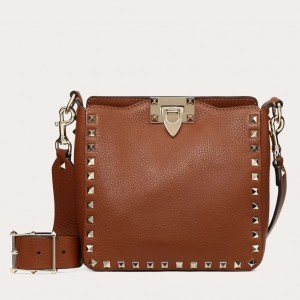 Valentino Mini Rockstud Hobo Bag In Brown Grained Leather