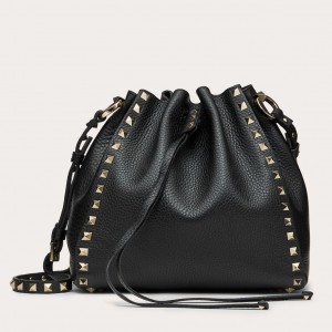 Valentino Small Rockstud Bucket Bag In Black Grained Calfskin