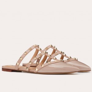Valentino Rockstud Flat Mules In Poudre Patent Leather