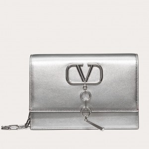 Valentino Vcase Small Chain Bag In Silver Metallic Lambskin
