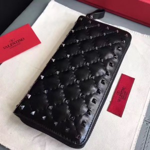 Valentino Rockstud Spike Zip Wallet In Black Lambskin