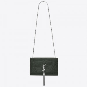 Saint Laurent Medium Kate Bag With Tassel In Dark Green Croc-Embossed Leather