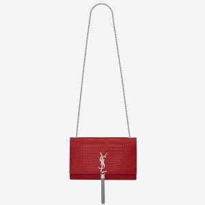 Saint Laurent Medium Kate Bag With Tassel In Red Croc-Embossed Leather