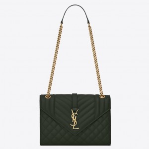 Saint Laurent Medium Envelope Bag In Dark Green Grained Leather