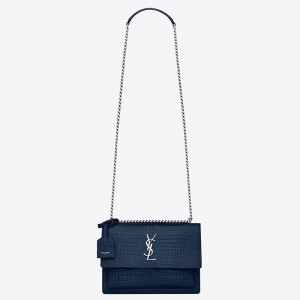 Saint Laurent Sunset Medium Bag In Blue Crocodile Embossed Leather