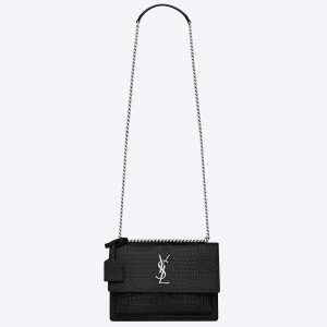 Saint Laurent Sunset Medium Bag In Black Crocodile Embossed Leather