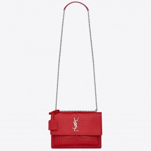 Saint Laurent Sunset Medium Bag In Red Crocodile Embossed Leather