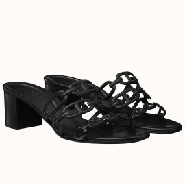 Hermes Tandem Sandals In Black Lambskin