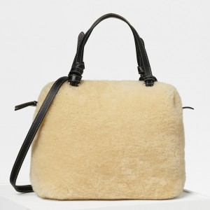 Celine Small Soft Cube Bag In Natural Shearling