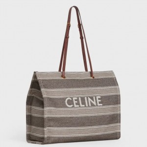 Celine Squared Cabas Bag In Striped Jacquard And Calfskin 