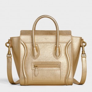 Celine Nano Luggage Bag In Gold Laminated Lambskin