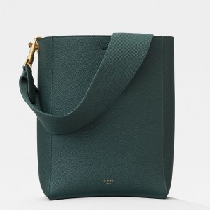Celine Small Sangle Seau Bag In Green Grained Leather