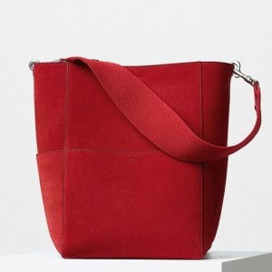 Celine Sangle Seau Shoulder Bag In Red Suede Leather