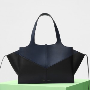 Celine Medium Tri-Fold Chevron Bag In Black/Navy Calfskin