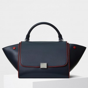 Celine Small Trapeze Bag In Navy Calfskin With Piping