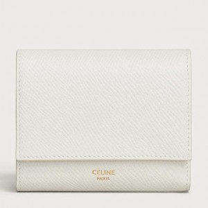 Celine Small Trifold Wallet in White Grained Calfskin