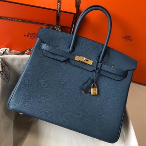 Hermes Blue Agate Clemence Birkin 35cm Bag