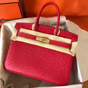Hermes Red Birkin 30cm Ostrich Handmade Bag