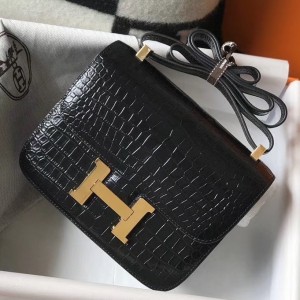 Hermes Constance 18cm Bag In Black Embossed Crocodile