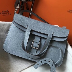 Hermes Halzan Bag In Blue Lin Clemence Leather