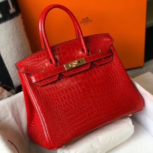 Hermes Birkin 30cm Bag In Red Embossed Crocodile Leather