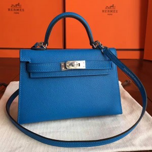 Hermes Blue Izmir Epsom Kelly Mini II Handmade Bag