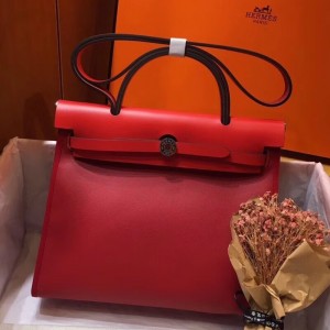 Hermes Herbag Zip 31cm Bag In Red Toile And Leather