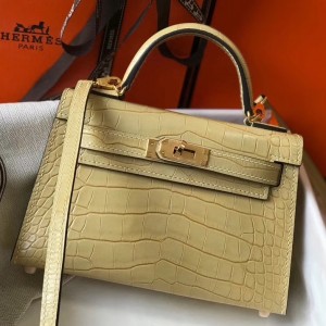 Hermes Kelly Mini II Bag In Vanille Crocodile Embossed Leather