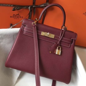 Hermes Bordeaux Clemence Kelly 28cm Bag