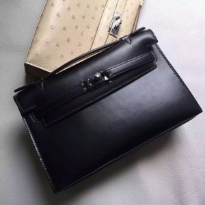 Hermes So Black Kelly Pochette Box Leather Bag