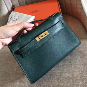 Hermes Dark Green Kelly Pochette Epsom Handmade Bag