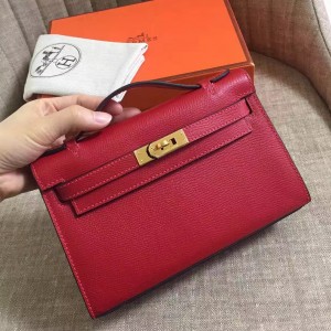 Hermes Dark Red Kelly Pochette Epsom Handmade Bag