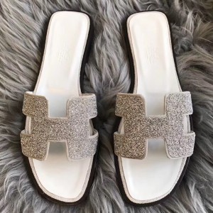 Hermes Oran Sandals In White Suede With Crystal