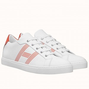 Hermes Avantage Sneakers In White/Orange Calfskin