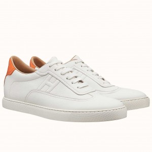 Hermes Quicker Sneakers In White/Orange Calfskin