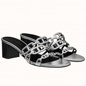 Hermes Tandem Sandals In Silver Metallic Calfskin