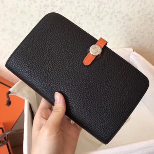 Hermes Bicolor Dogon Duo Wallet In Black/Orange Leather