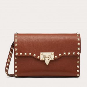 Valentino Rockstud Small Crossbody Bag In Brown Grained Leather