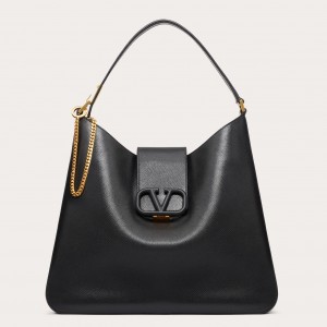 Valentino Vsling Hobo Bag In Black Grainy Calfskin 