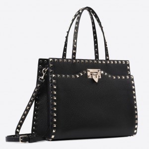Valentino Black Medium Rockstud Top Handle Bag