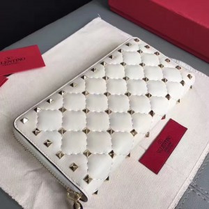 Valentino Rockstud Spike Zip Wallet In White Lambskin