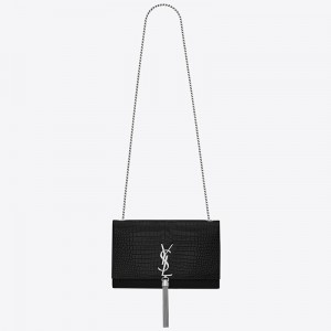 Saint Laurent Medium Kate Bag With Tassel In Black Croc-Embossed Leather