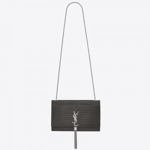 Saint Laurent Medium Kate Bag With Tassel In Storm Croc-Embossed Leather