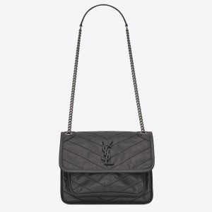 Saint Laurent Baby Niki Chain Bag In Storm Gray Crinkled Leather