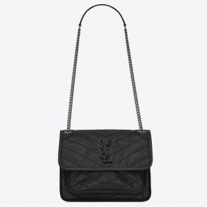 Saint Laurent Baby Niki Chain Bag In Black Crinkled Leather