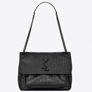 Saint Laurent Medium Niki Bag In Black Crocodile Embossed Leather
